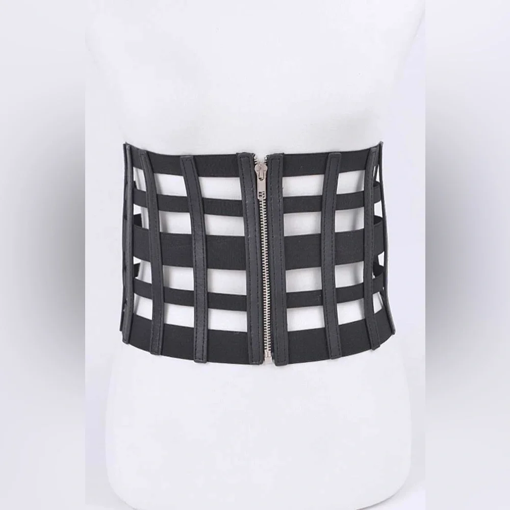 Black Vegan Leather Cage Zip Up Corset Statement Belt